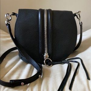 Unique crossbody bag, leather, faux zipper.